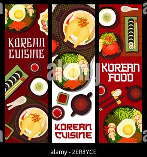 Korean cuisine vector rice mushrooms, ginseng chicken soup samguetang. Shaved ice dessert with fruits, rice bibimbap with vegetables and egg and match Stock Vector