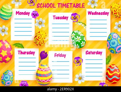 Education school timetable vector template with cartoon Easter eggs and spring flowers. Kids time table, education schedule for lessons with pansies, Stock Vector