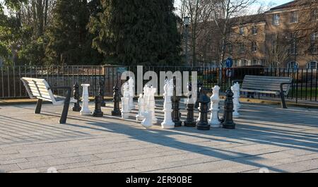 Large scale chess set outside Stock Photo