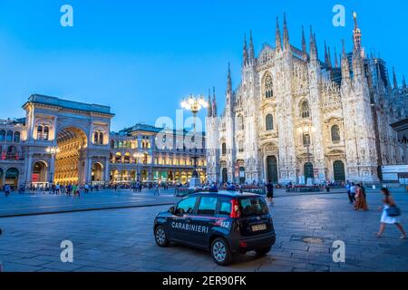 MILAN, ITALY - CIRCA SEPTEMBER 2019: Carabineer car, also named Carabinieri,  patrolling Milan City area in front of Mialn Cathedral. Surveillance and Stock Photo