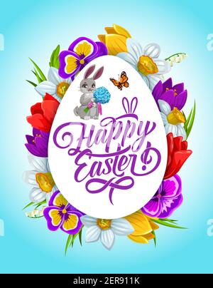 Easter holiday vector frame, flower wreath around of egg with bunny hold bouquet. Cartoon greeting card, frame made of spring blossoms. Happy Easter h Stock Vector
