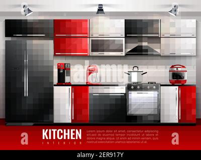 Kitchen interior modern design concept in realistic style with household equipment appliances and utensil flat vector illustration Stock Vector