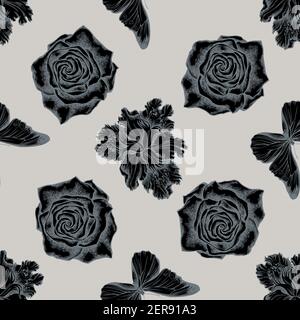 Seamless pattern with hand drawn stylized iris japonica, blue morpho, roses Stock Vector