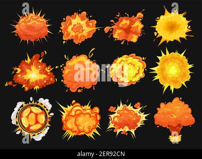 Bomb explosion clouds vector icons. Cartoon boom effect and smoke elements for ui game design. Dynamite danger explosive detonation, atomic comics clo Stock Vector