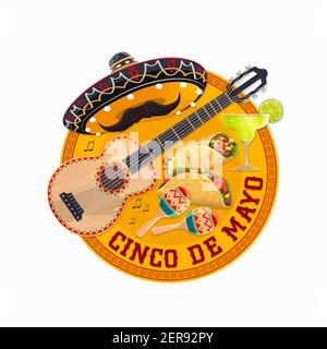 Cinco de Mayo vector round banner with traditional mexican sombrero hat, mustaches, guitar with burrito and tacos. Cartoon isolated label, Fiesta part Stock Vector