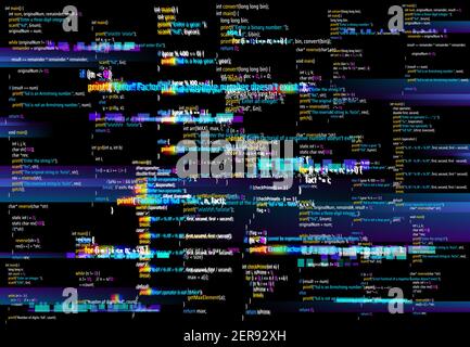 Abstract background with glitched program code parts. Vector backdrop with programming language and random glowing pixels. Black monitor screen with d Stock Vector
