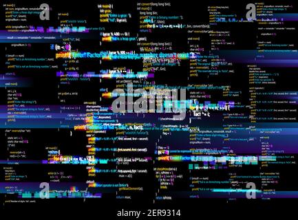 Abstract background with glitched program code parts. Vector backdrop with programming language and random glowing pixels. Black monitor screen with d Stock Vector