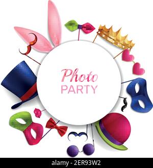 Photo booth party round composition with realistic images of masquerade costume colourful essential elements and text vector illustration Stock Vector