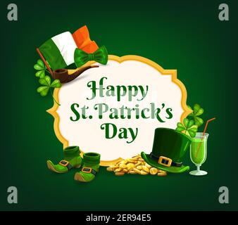 St. Patrick Day vector frame, banner with cartoon shamrocks, green top hat, gold coins, smoking pipe, shoes and pint of Ireland ale. Happy Saint Patri Stock Vector