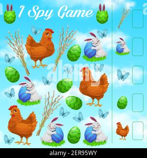 I spy kids game with Easter rabbits, eggs, butterflies and chicken. Vector educational puzzle. Numeracy skills development, cartoon riddle page. Kinde Stock Vector