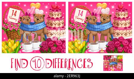 Valentine day children find ten differences puzzle game. Kids playing activity with search and compare task, preschooler child game. Bears toys couple Stock Vector