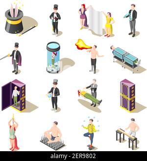 Magic show isometric icons with levitation, danger tricks, juggler, mysteries of illusionist isolated vector illustration Stock Vector