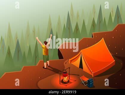 Camping hiking isometric icons composition with mountain top landscape and tent with campfire and happy man vector illustration Stock Vector