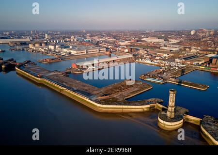 Aerial views of Bramley Moore Dock, Liverpool. Everton FC's plans for a new 52,000-seater stadium have been approved by Liverpool city councillors.