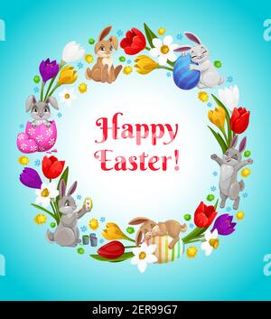 Happy Easter vector flower wreath with bunnies and decorated eggs. Cartoon greeting card, round frame made of poppies, crocuses and narcissus blossoms Stock Vector