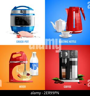Household kitchen appliances 2x2 design concept set of coffee machine mixer electric kettle crock pot realistic vector illustration Stock Vector