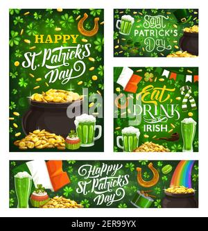 Happy St Patricks Day vector green symbols of Irish religion holiday. Vector lettering and leprechauns scarf and hat, smoking pipe. Flag of Ireland, p Stock Vector