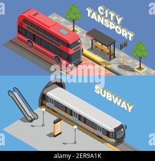 Public city transport isometric banners collection with horizontal compositions of text underground and surface transport vehicles vector illustration Stock Vector