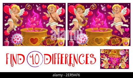 Find ten differences Valentine day logical game for kids with cupids. Child puzzle game, spotting activity. Cherub playing on lyre, love potion in cau Stock Vector