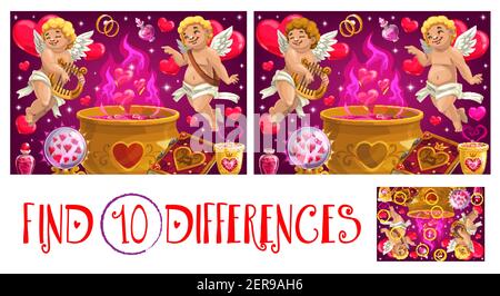 Find ten differences Valentine day logical game for kids with cupids. Child puzzle game, spotting activity. Cherub playing on lyre, love potion in cau Stock Vector