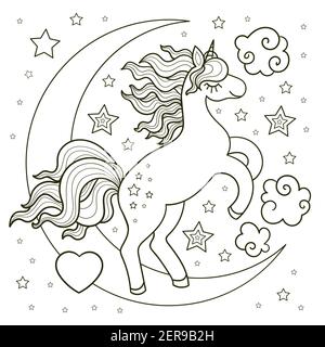 Cartoon cute unicorn among the stars. Black and white. Linear drawing