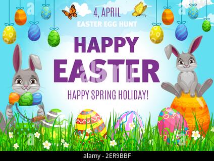 Easter egg hunting vector poster, cute bunnies and decorated eggs on field with flowers and butterflies. Cartoon flyer with rabbits and spring blossom Stock Vector