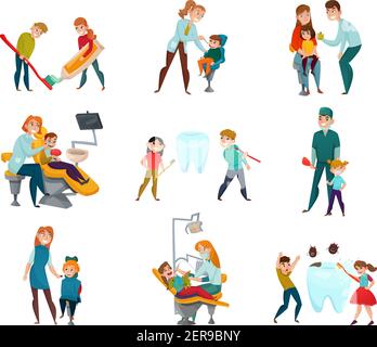 Pediatric dentist icons set with kids and medical treatment symbols flat isolated vector illustration Stock Vector