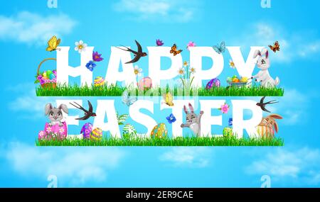 Happy easter holiday banner with rabbits playing on meadow grass, cute bunny sleeping, collecting and carrying easter eggs in wheelbarrow, spring flow Stock Vector