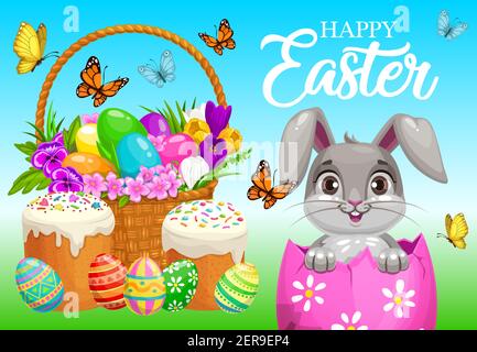 Happy Easter vector poster, cute bunny sitting inside of decorated egg on field with basket, cakes, flowers and butterflies. Cartoon rabbit and spring Stock Vector