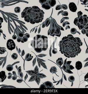 Seamless pattern with hand drawn stylized ficus, eucalyptus, peony, cotton, freesia, brunia Stock Vector