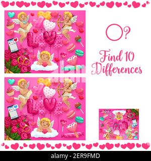 Saint Valentine day kids find ten differences puzzle. Child educational game with search and compare task, children playing activity. Cherubs, holiday Stock Vector