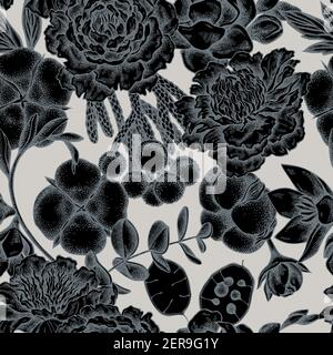 Seamless pattern with hand drawn stylized ficus, eucalyptus, peony, cotton, freesia, brunia Stock Vector