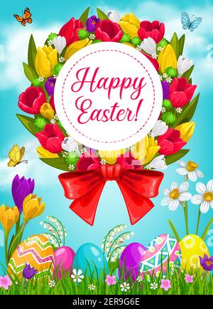 Easter eggs and flower wreath, religion holiday vector greeting card. Easter painted eggs on green grass field with spring wreath of daffodils, tulips Stock Vector
