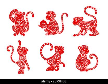 Chinese zodiac monkey animal vector icons set. Ape Lunar new year of China symbolic, red ornate , astrological horoscope signs isolated on white backg Stock Vector