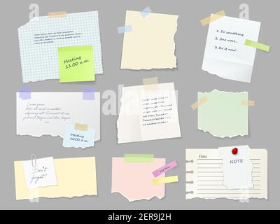 Realistic lined sticky notes with clip binder and adhesive tape. Blank ...
