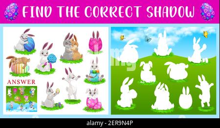 Shadow match kids game with Easter rabbits and painted eggs. Find correct silhouette cartoon worksheet for children logic educational activity. Presch Stock Vector