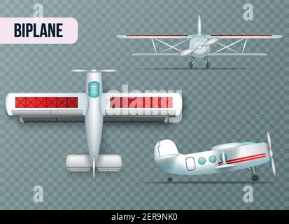 Biplane aircraft two wings airplane top side and front view realistic set transparent background shadow vector illustration Stock Vector