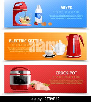 Household kitchen appliances horizontal banners with electric kettle mixer and crock pot realistic vector illustration Stock Vector