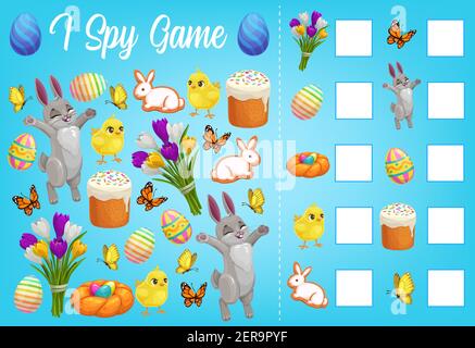 I spy kids game with Easter characters vector worksheet. How many rabbits, chicks, eggs, butterflies or flowers and cakes educational puzzle. Children Stock Vector