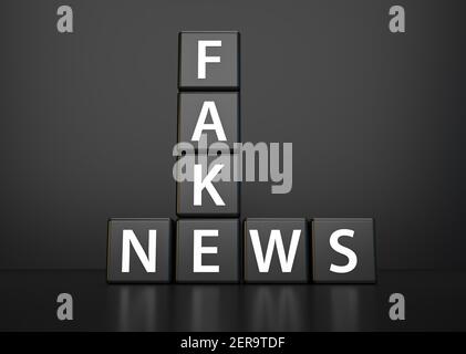 Dark grey dice with words fake and news horizontally and vertically on dark background 3D rendering Stock Photo