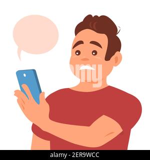 A young man looks disappointedly at a message or news on the phone. Smartphone in hand. Sad face. Vector cartoon illustration Stock Vector