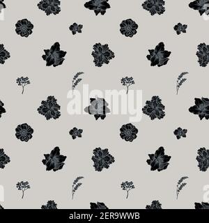 Seamless pattern with hand drawn stylized anemone, lavender, rosemary everlasting, phalaenopsis, lily, iris Stock Vector