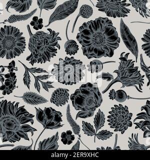 Seamless pattern with hand drawn stylized poppy flower, gerbera, sunflower, milkweed, dahlia, veronica Stock Vector