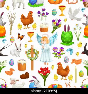 Easter seamless pattern of religion holiday vector background. Easter eggs, bunnies or rabbits, chickens, chicks and angel, flowers, green grass blade Stock Vector
