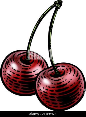 Cherry Berry Fruit Vintage Woodcut Illustration Stock Vector
