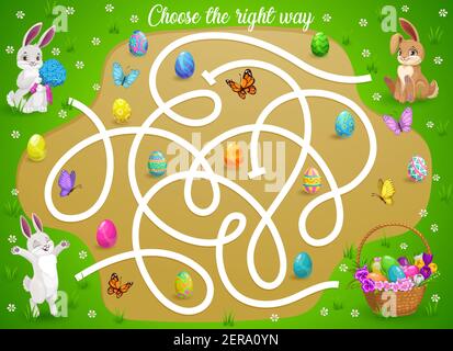 Kids maze game help Easter bunnies choose right way to get eggs basket. Vector labyrinth puzzle, find correct direction board game. Task with tangled Stock Vector