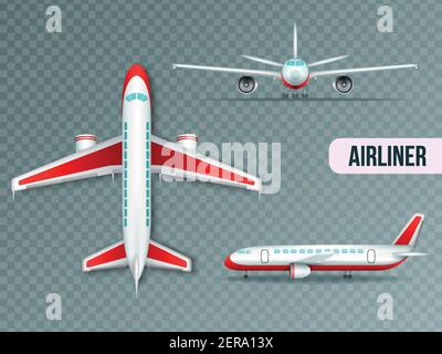 Wide body large civil jet airliner top front and side views realistic images set transparent vector illustration Stock Vector