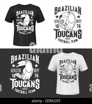 Football team t-shirt print mockups with toucan bird mascot. Giant toucan, retro typography monochrome vector. Brazilian team sport club clothing prin Stock Vector