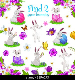 Kids game find two same bunnies. Vector puzzle with cute cartoon Easter rabbit characters with decorated eggs, flowers and butterflies on playing fiel Stock Vector