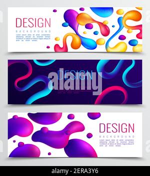 Set of three fluid neon holographic abstract design horizontal banners with colourful drops and editable text vector illustration Stock Vector